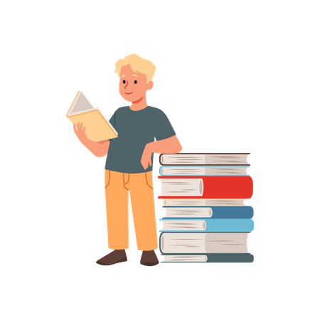 Netter Schüler Junge genießt das Lesen von Büchern in der Nähe des riesigen Stapels Bücher  Illustration
