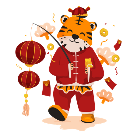 Niedlicher Tiger mit chinesischer Laterne  Illustration