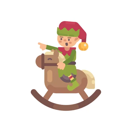 Niedlich, Weihnachtself, Reiten, A, Schaukelpferd  Illustration