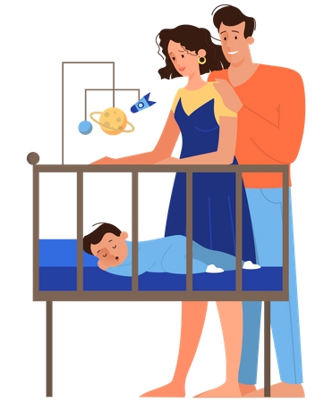 Niedliche Familie steht am Bett für Neugeborene  Illustration