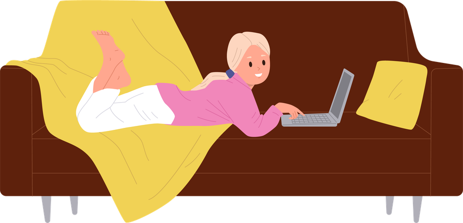 Niedliches, faules Mädchen, das im Internet surft und Videos auf dem Laptop ansieht, der auf dem Sofa liegt  Illustration