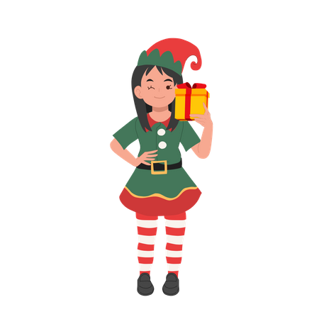 Niedliche junge Weihnachten Elf Mädchen mit Geschenk-Box  Illustration