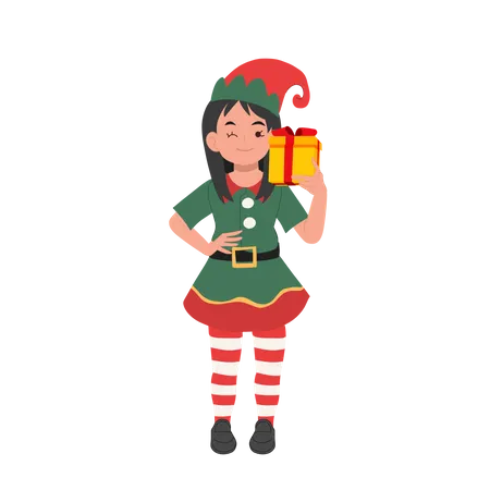 Niedliche junge Weihnachten Elf Mädchen mit Geschenk-Box  Illustration