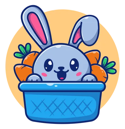 Niedliches Kaninchen sitzt im Karottenkorb  Illustration