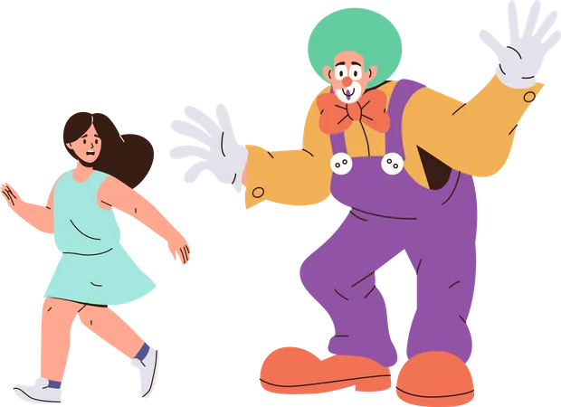 Niedliches kleines Mädchen hat Angst vor Clown auf Kinderparty  Illustration