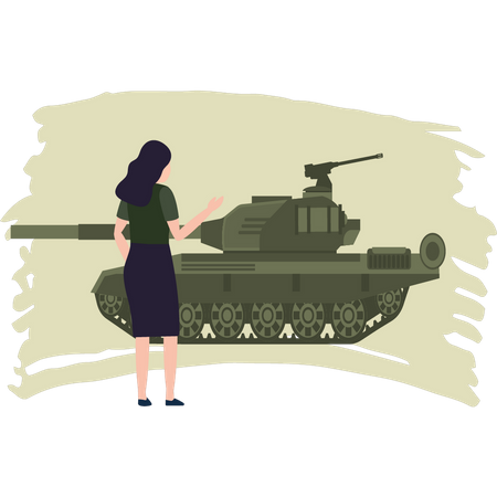 Niedliche Mädchen Blick auf Militärpanzer  Illustration