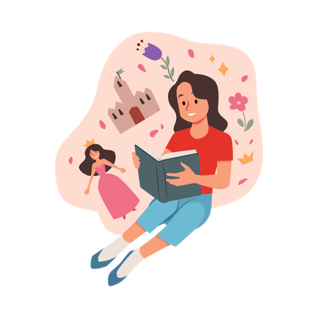 Nettes Mädchen sitzt und liest Märchen-Geschichtenbuch  Illustration
