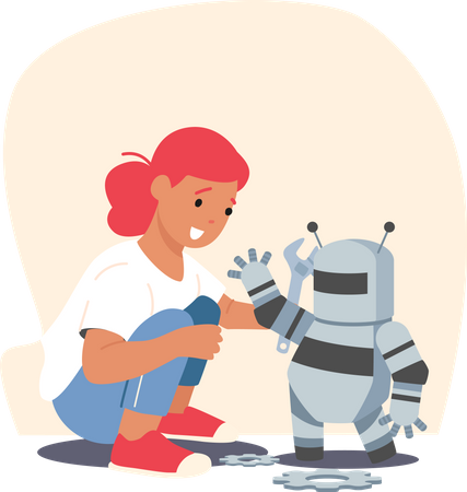 Süße Mädchen spielen mit Roboter  Illustration
