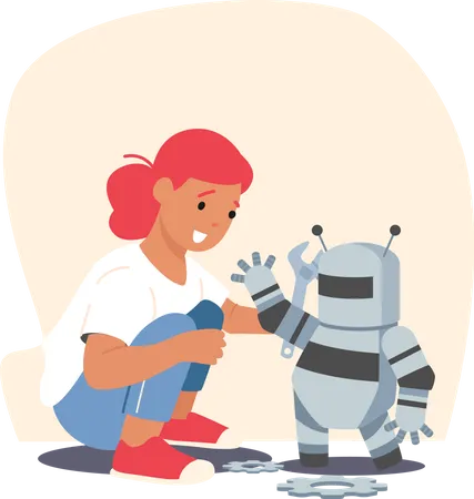 Süße Mädchen spielen mit Roboter  Illustration