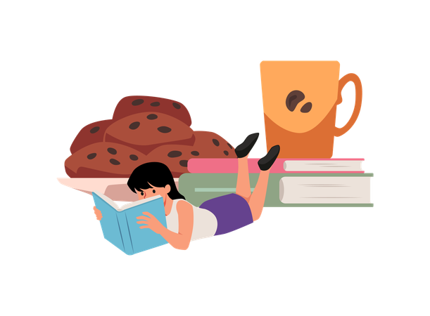 Nettes Schülermädchen liest Buch neben der Tasse Kaffee auf einem Stapel Bücher mit Keksen  Illustration