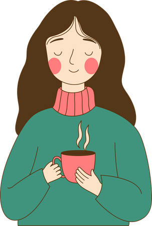 Niedliche unschuldige Streber-Mädchen-Figur mit einer Tasse Kaffee  Illustration