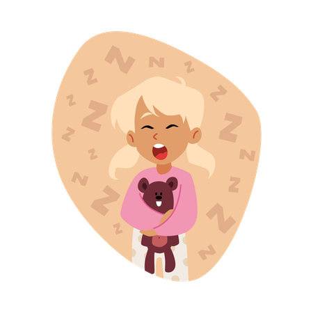 Süßes verschlafenes blondes Mädchen im Pyjama mit Teddybär-Spielzeug  Illustration