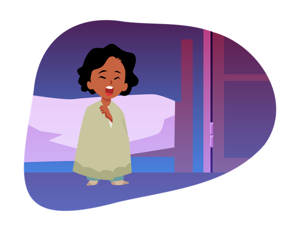 Süßes, verschlafenes Mädchen im Pyjama steht und gähnt im Schlafzimmer  Illustration