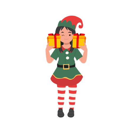 Niedliche Weihnachten Elf Mädchen mit Geschenk-Box  Illustration