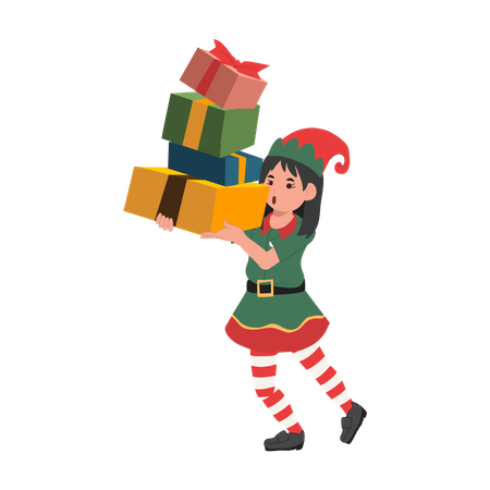 Niedliche Weihnachten Elf Mädchen mit vielen Geschenk-Boxen  Illustration