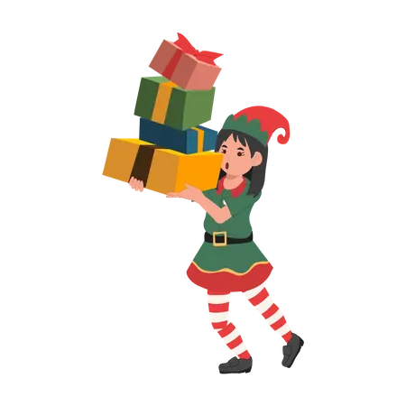 Niedliche Weihnachten Elf Mädchen mit vielen Geschenk-Boxen  Illustration