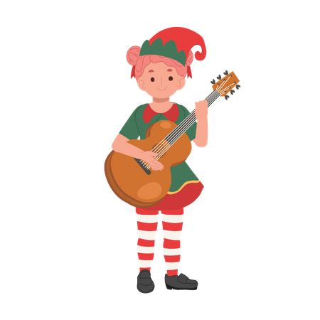 Süßes Weihnachtselfenmädchen spielt Gitarre  Illustration