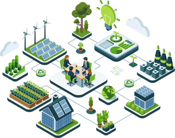 Flat 3 D Isometric Sustainable Business Conference With Eco Friendly Urban Planning Sustainable Business And Green Energy Concept Illustration