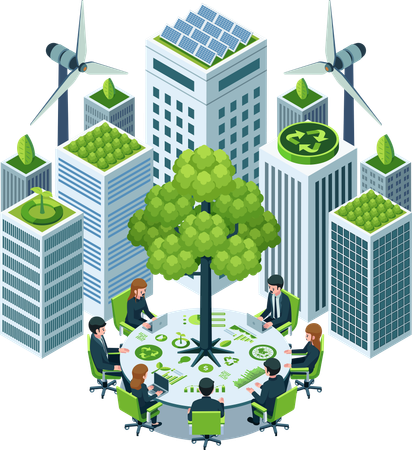 Sustainable Business Meeting Surrounded by Eco-Friendly Urban Buildings  Illustration