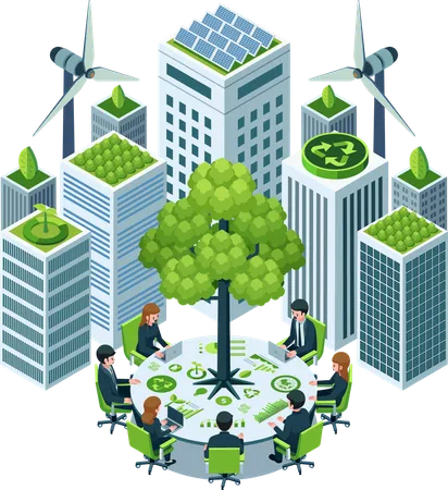 Isometric Sustainable Business Meeting Surrounded By Eco Friendly Urban Buildings Sustainable Business And Eco Friendly Business Meeting Concept Illustration