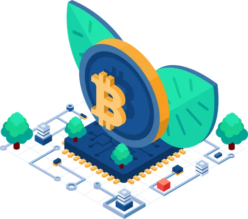 Flat 3 D Isometric Sustainable Cryptocurrency Bitcoin Symbol And Leaf With Eco Friendly Design Sustainable Cryptocurrency And Bitcoin Concept Illustration