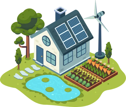 Flat 3 D Isometric Sustainable Eco Friendly Home With Solar Panels And Garden Sustainable Living And Eco Friendly Home Concept Illustration
