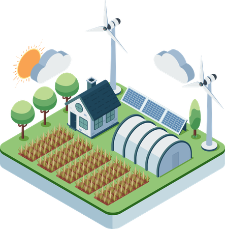 Sustainable Farm with Renewable Energy and Crops  Illustration