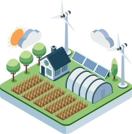 Sustainable Farm with Renewable Energy and Crops  Illustration