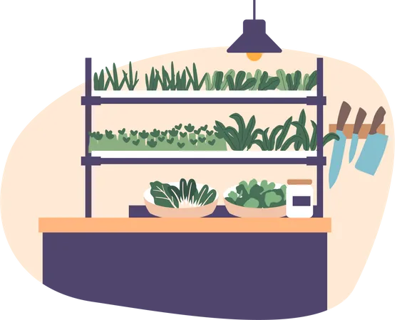 Space Saving And Sustainable Kitchen Setup Where Fresh Microgreens Are Grown On A Dedicated Shelf Providing A Convenient And Healthy Addition To Meals Cartoon Vector Illustration Illustration
