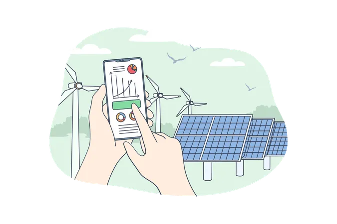 Sustainable Renewable Energy Concept Human Hands Holding Mobile Smartphone With Electricity Energy Usage Monitoring App With Power Plant Storage Station With Solar Panels On Background Illustration Illustration