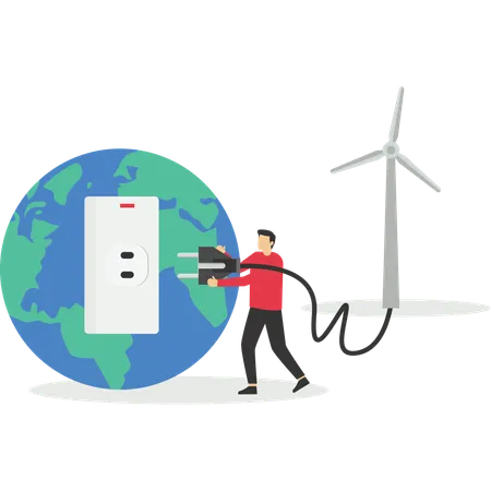 Charging The Earth With Renewable Energy Wind Turbines And Solar Panels And Smart City In The Background Renewable Energy Charging Vector Illustration Concept Illustration