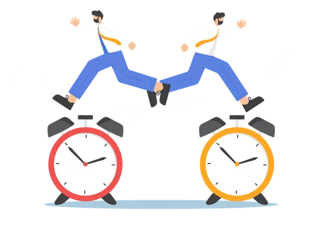 Swap Work Shifts Shift Management And Flexibility At Work Concept Businessman Jumping To Working Clock Of Colleague While His Colleague Jumping To His Working Clock Illustration