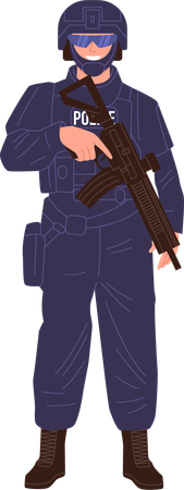 Swat officer wearing helmet and body armor with machine gun in hands  Illustration