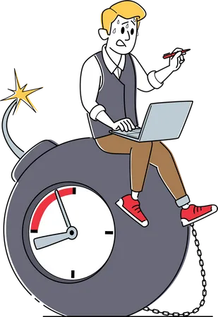 Sweating Businessman Sitting on Bomb with Burning Fuse and Ticking Clock  Illustration