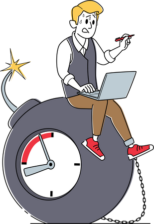 Sweating Businessman Sitting on Bomb with Burning Fuse and Ticking Clock  Illustration