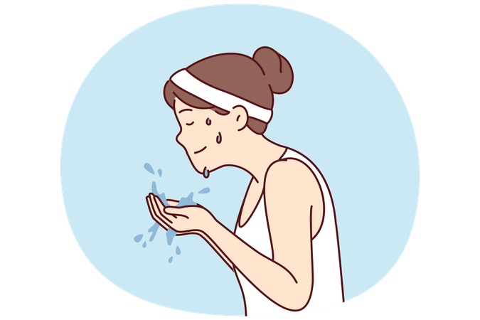 Sweaty woman with headband holds water in palms wanting to wash after fitness  Illustration