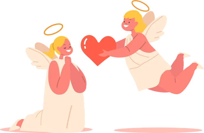 Sweet Angelic Boy With A Heart Full Of Love Offers A Bright Red Heart To His Angelic Companion Characters Conveying Affection And Tenderness In A Celestial Embrace Cartoon People Vector Illustration Illustration