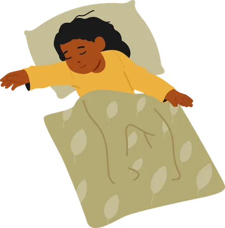 Sweet Child Peacefully Sleeps In Bed Wrapped In Soft Blanket Black Little Girl Character Dreaming Of Adventures In A World Filled With Wonder And Innocence Cartoon People Vector Illustration Illustration