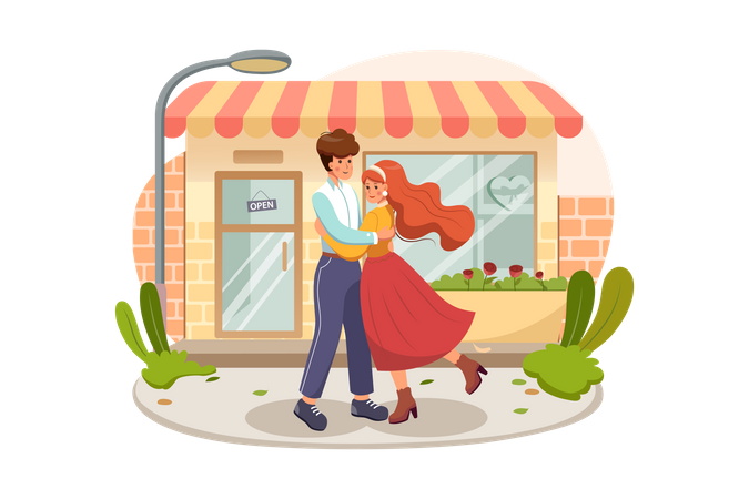 Sweet couple hugging each other in the middle of the street in a romantic way  Illustration