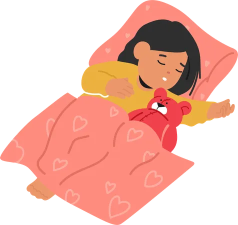 Sweet Dreams Envelop A Peaceful Scene As A Cute Child Sleeps In Bed And Cuddly Stuffed Teddy Bear  일러스트레이션