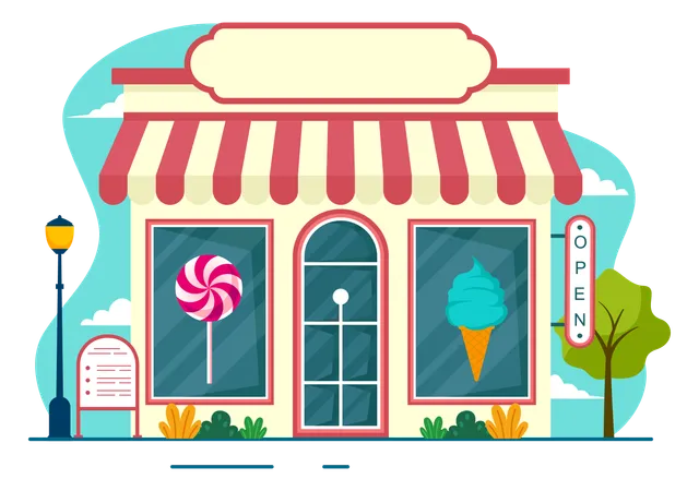 Sweet Shop Vector Illustration With Selling Various Bakery Products Cupcake Cake Pastry Or Candy In Flat Cartoon Background Design Illustration
