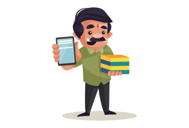 Sweet Shop Owner showing mobile and sweet box for order online sweets  Illustration