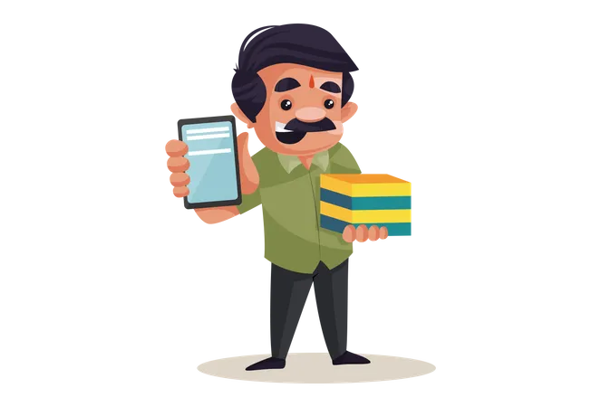 Sweet Shop Owner showing mobile and sweet box for order online sweets  Illustration