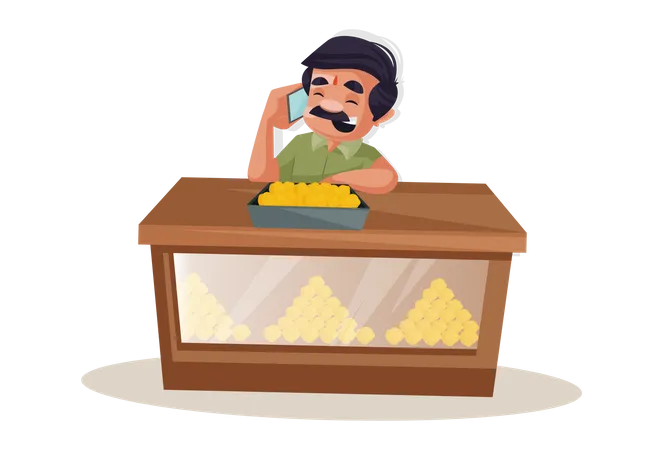 Sweet Shop Owner talking on mobile  Illustration