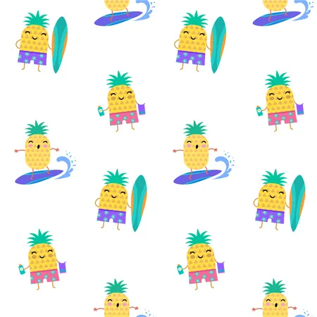 Sweet summer seamless pattern - cute pineapples characters surfing  Illustration