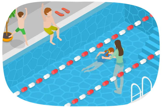 3 D Isometric Flat Vector Conceptual Illustration Of Swimming Classes Training In The Pool Illustration