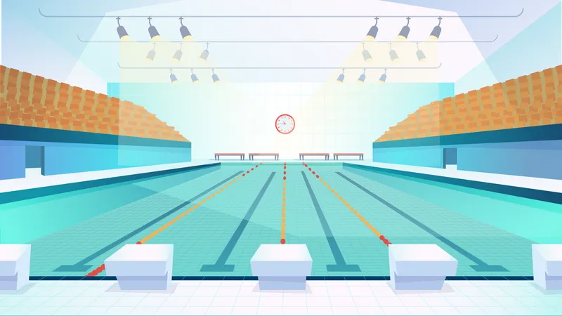 Swimming Pool Landing Page In Flat Cartoon Style Modern Indoor Stadium Pool With Lanes And Tribune Sports Arena With Spotlights Recreation Or Competition Vector Illustration Of Web Background Illustration