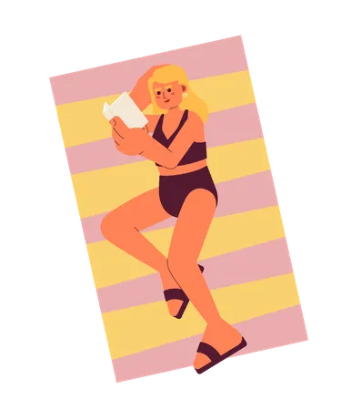 Swimsuit Woman Lying With Book On Beach Semi Flat Colorful Vector Character Lesen Am Strand Summer Read Editable Full Body Person On White Simple Cartoon Spot Illustration For Web Graphic Design Illustration