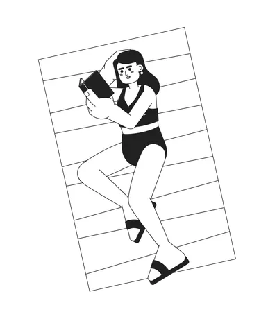 Swimsuit woman lying with book on beach  Illustration