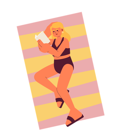 Swimsuit woman lying with book on beach  Illustration